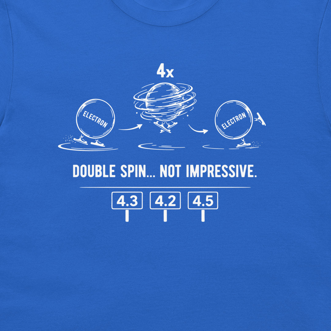 Close-up of royal blue T-shirt with electron figure skating quantum physics design.