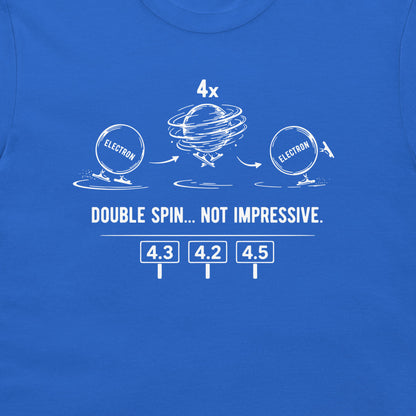 Close-up of royal blue T-shirt with electron figure skating quantum physics design.