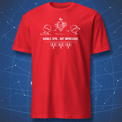 Red nerd T-shirt featuring electron figure skating joke