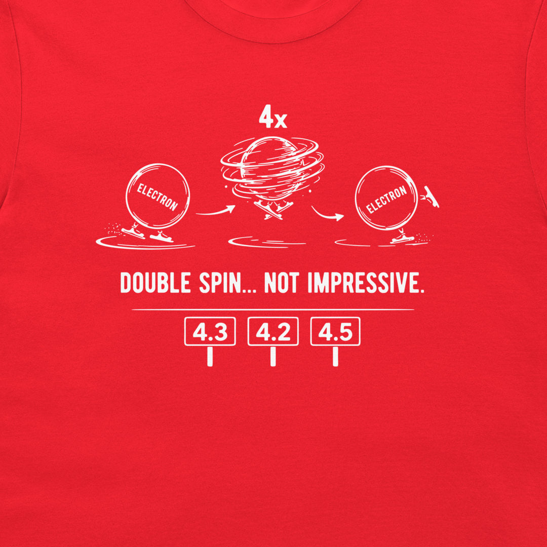 Close-up of red T-shirt with electron figure skating quantum physics design.