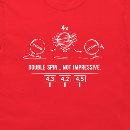 Close-up of red T-shirt with electron figure skating quantum physics design.