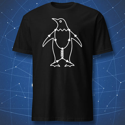 Penguin Diagram physics t-shirt with white Feynman diagram penguin artwork on a black shirt