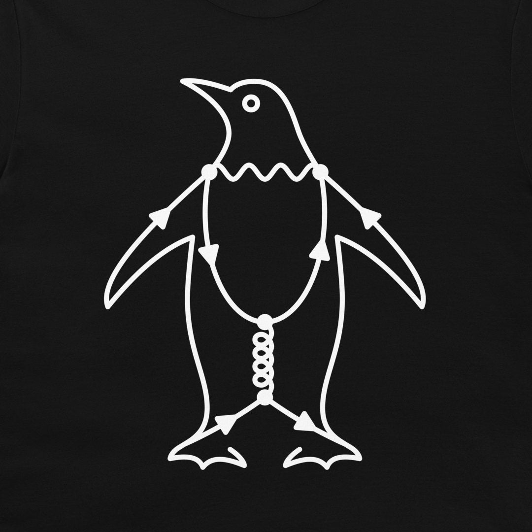 Close-up of Penguin Diagram physics t-shirt with white Feynman diagram penguin illustration on a black shirt