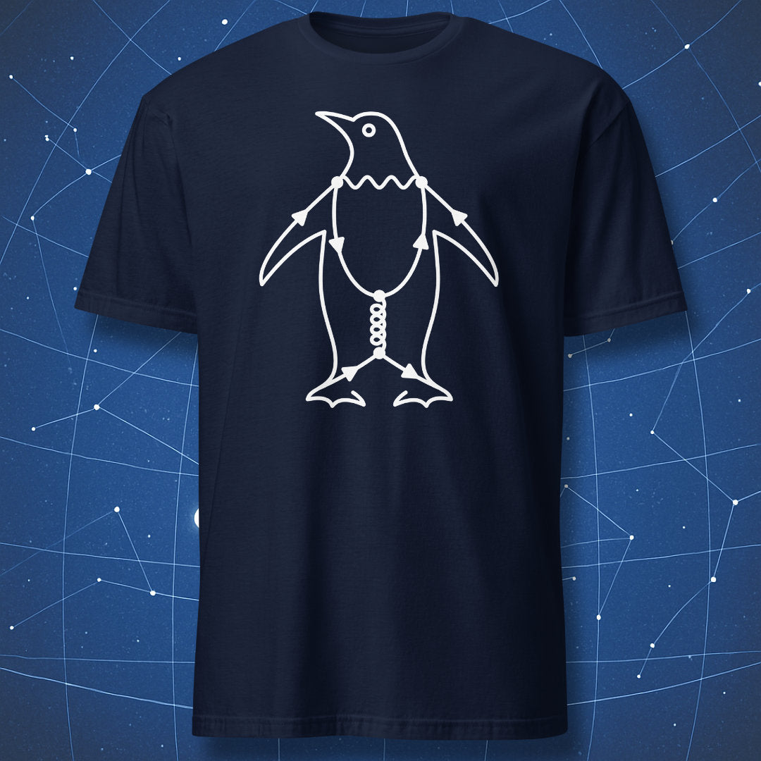 Penguin Diagram physics t-shirt with white particle physics penguin design on a navy shirt