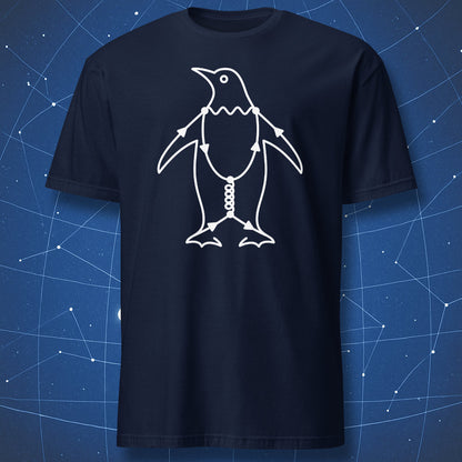 Penguin Diagram physics t-shirt with white particle physics penguin design on a navy shirt