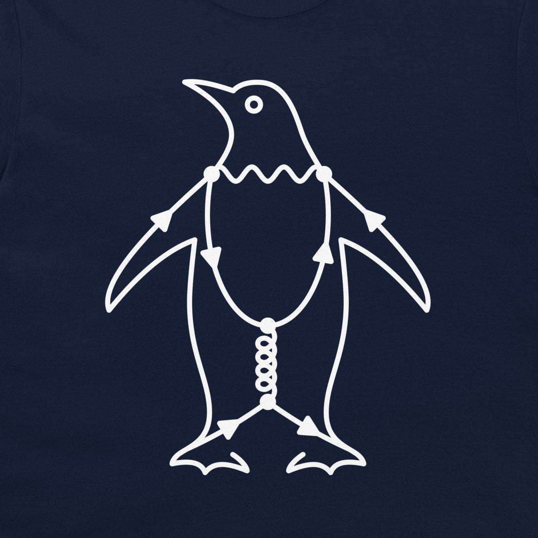Close-up of Penguin Diagram physics t-shirt with white Feynman diagram penguin illustration on a navy blue shirt