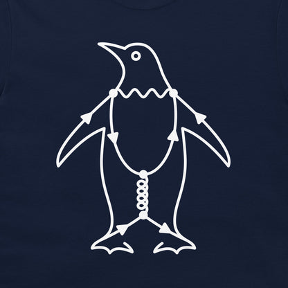 Close-up of Penguin Diagram physics t-shirt with white Feynman diagram penguin illustration on a navy blue shirt