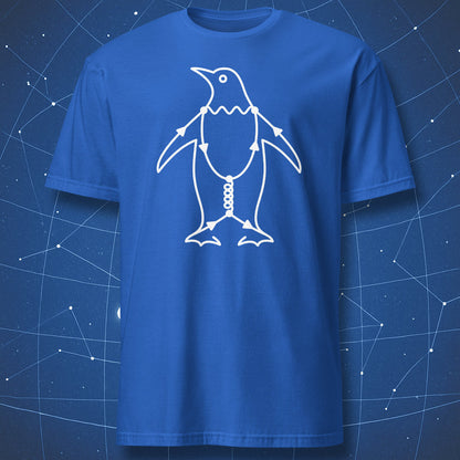 Penguin Diagram physics t-shirt with white Feynman diagram penguin illustration on a royal blue shirt