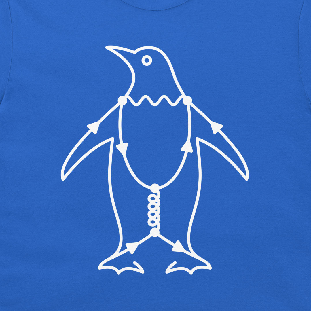 Close-up of Penguin Diagram physics t-shirt with white Feynman diagram penguin illustration on a royal blue shirt