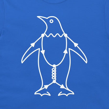 Close-up of Penguin Diagram physics t-shirt with white Feynman diagram penguin illustration on a royal blue shirt