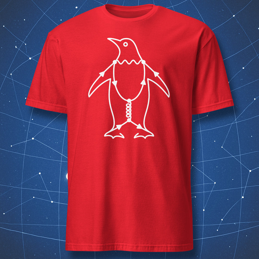 Penguin Diagram physics t-shirt with white particle physics diagram penguin artwork on a red shirt
