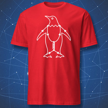 Penguin Diagram physics t-shirt with white particle physics diagram penguin artwork on a red shirt
