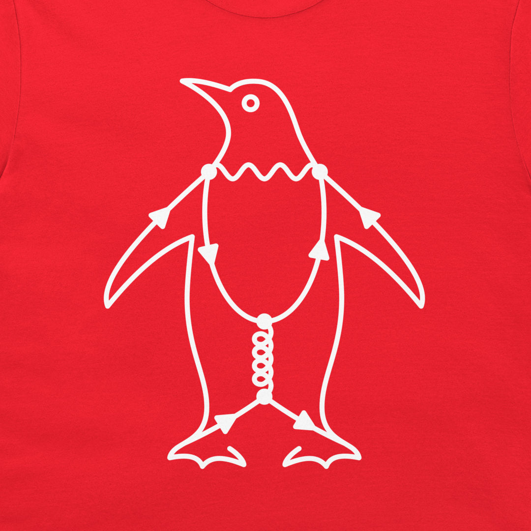 Close-up of Penguin Diagram physics t-shirt with white Feynman diagram penguin illustration on a red shirt