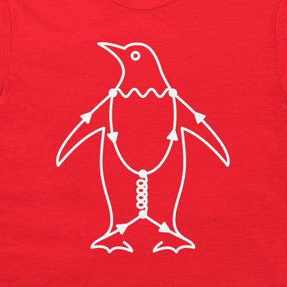 Close-up of Penguin Diagram physics t-shirt with white Feynman diagram penguin illustration on a red shirt