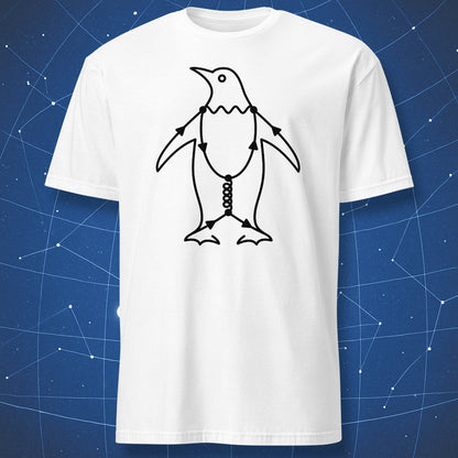 Penguin Diagram physics t-shirt with black Feynman diagram penguin artwork on a white shirt