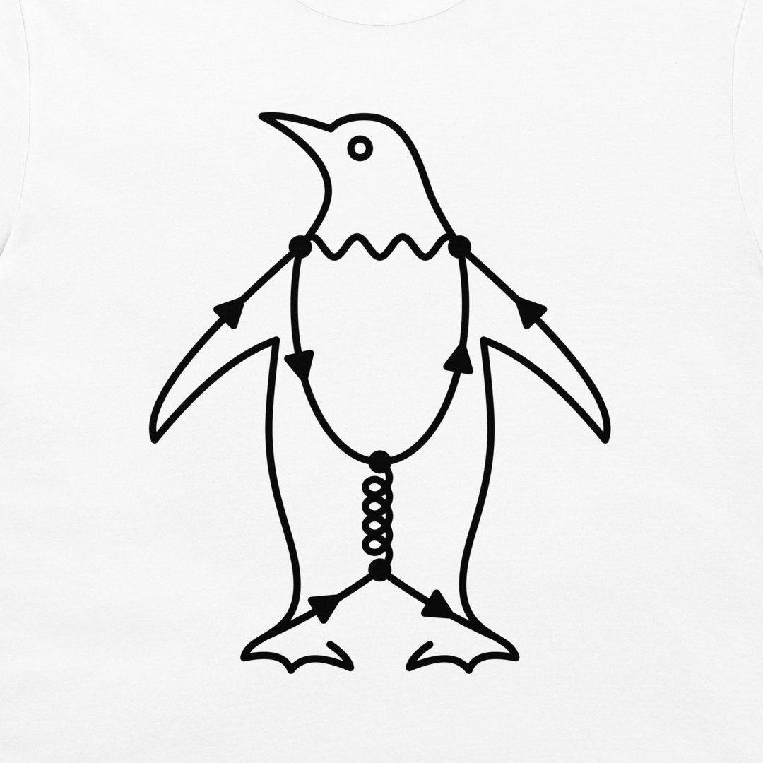 Close-up of Penguin Diagram physics t-shirt with white Feynman diagram penguin illustration on a white shirt