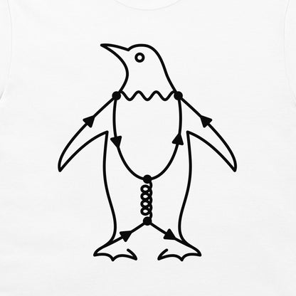 Close-up of Penguin Diagram physics t-shirt with white Feynman diagram penguin illustration on a white shirt