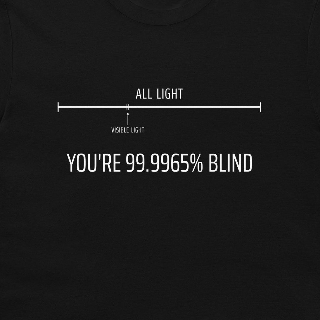 A close-up of a black t-shirt featuring a white graphic print. The design shows a light bar diagram labeled 'ALL LIGHT' and 'VISIBLE LIGHT' with the humorous text 'YOU'RE 99.9965% BLIND".