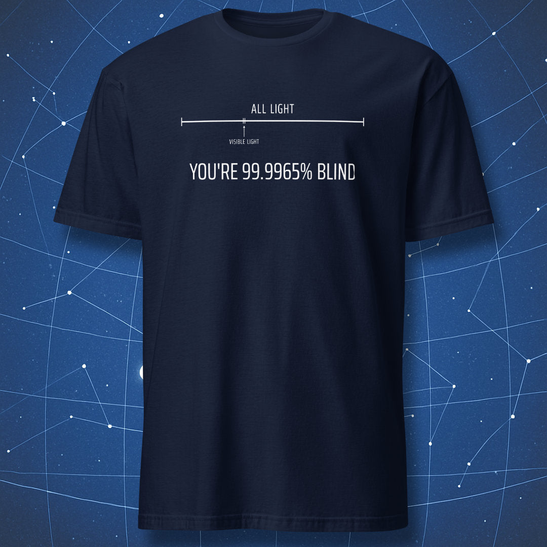 Navy T-shirt with electromagnetic spectrum joke showing visible light as a tiny slice of all light
