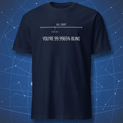 Navy T-shirt with electromagnetic spectrum joke showing visible light as a tiny slice of all light