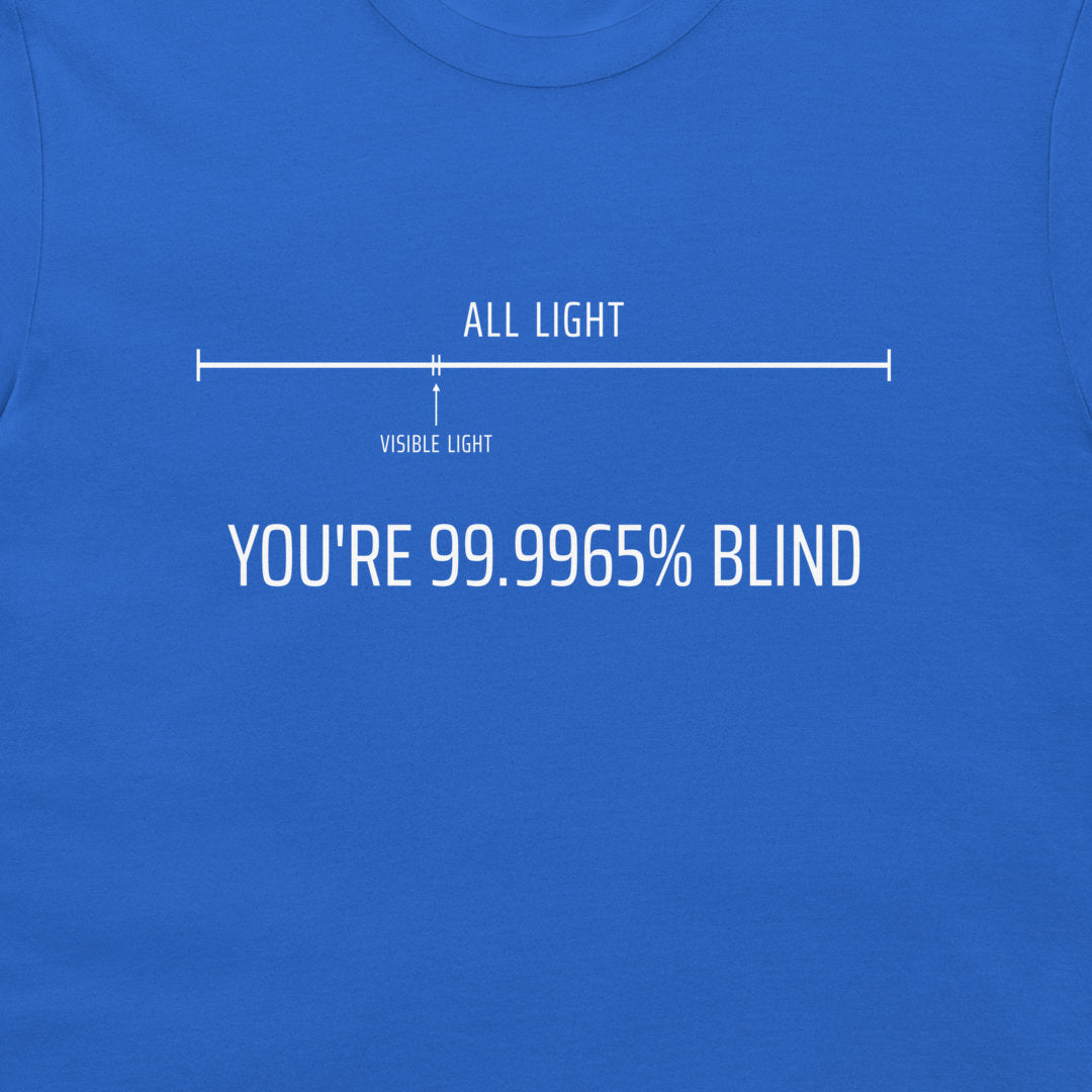 A close-up of a blue t-shirt featuring a white graphic print that reads 'ALL LIGHT' above a line, with 'VISIBLE LIGHT' below it and 'YOU'RE 99.99965% BLIND' printed underneath.