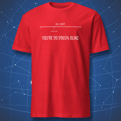 Red T-shirt with minimalist physics joke graphic reading You’re 99.9965% Blind