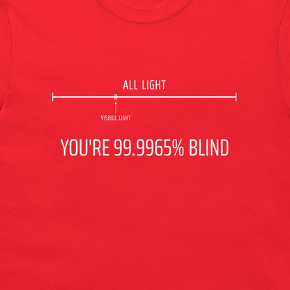 A close-up of a bright red t-shirt featuring a white graphic design. The design shows a horizontal line with 'ALL LIGHT' at the top and ''YOU'RE 99.9965% BLIND".