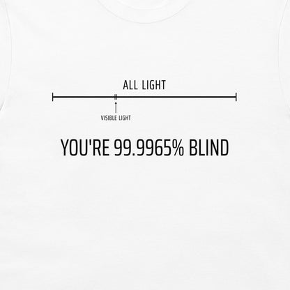 White short-sleeve t-shirt with a black graphic print that reads 'ALL LIGHT' and 'VISIBLE LIGHT' on a horizontal line, with the text 'YOU'RE 99.99965% BLIND' underneath.