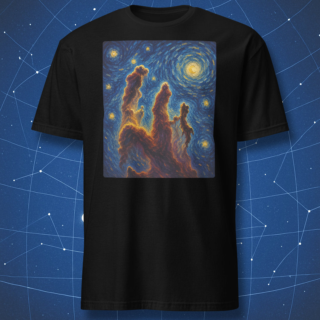 Black t-shirt with colorful Pillars of Creation nebula artwork in a swirling starry night style.