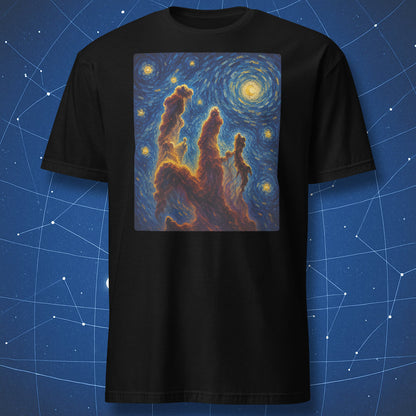 Black t-shirt with colorful Pillars of Creation nebula artwork in a swirling starry night style.