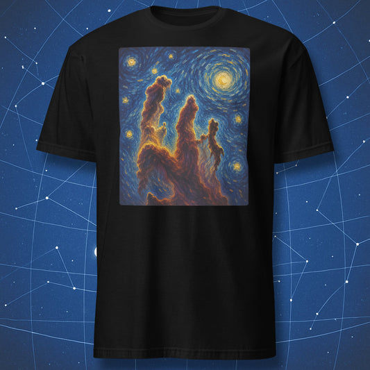 Black t-shirt with colorful Pillars of Creation nebula artwork in a swirling starry night style.