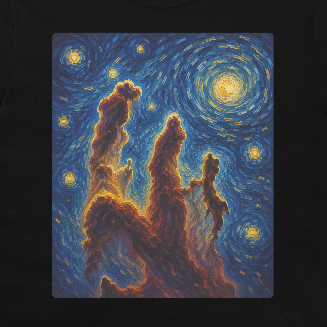 A black crewneck t-shirt featuring a large rectangular graphic print on the chest. The print depicts a swirling, impressionistic night sky in blue and yellow with glowing stars and fiery orange rock formations, styled like a Van Gogh-inspired painting.