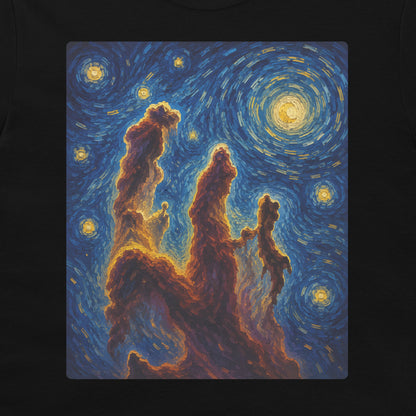 A black crewneck t-shirt featuring a large rectangular graphic print on the chest. The print depicts a swirling, impressionistic night sky in blue and yellow with glowing stars and fiery orange rock formations, styled like a Van Gogh-inspired painting.