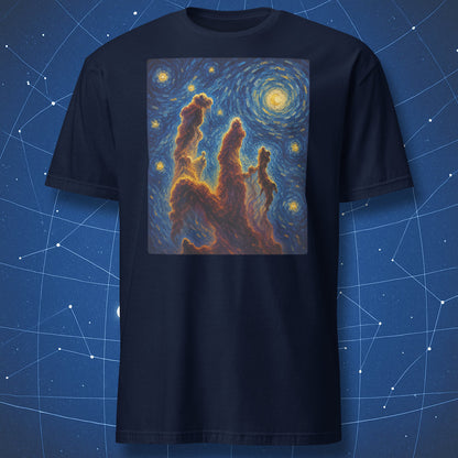 Navy t-shirt featuring a colorful Pillars of Creation space design with swirling blue and yellow stars.