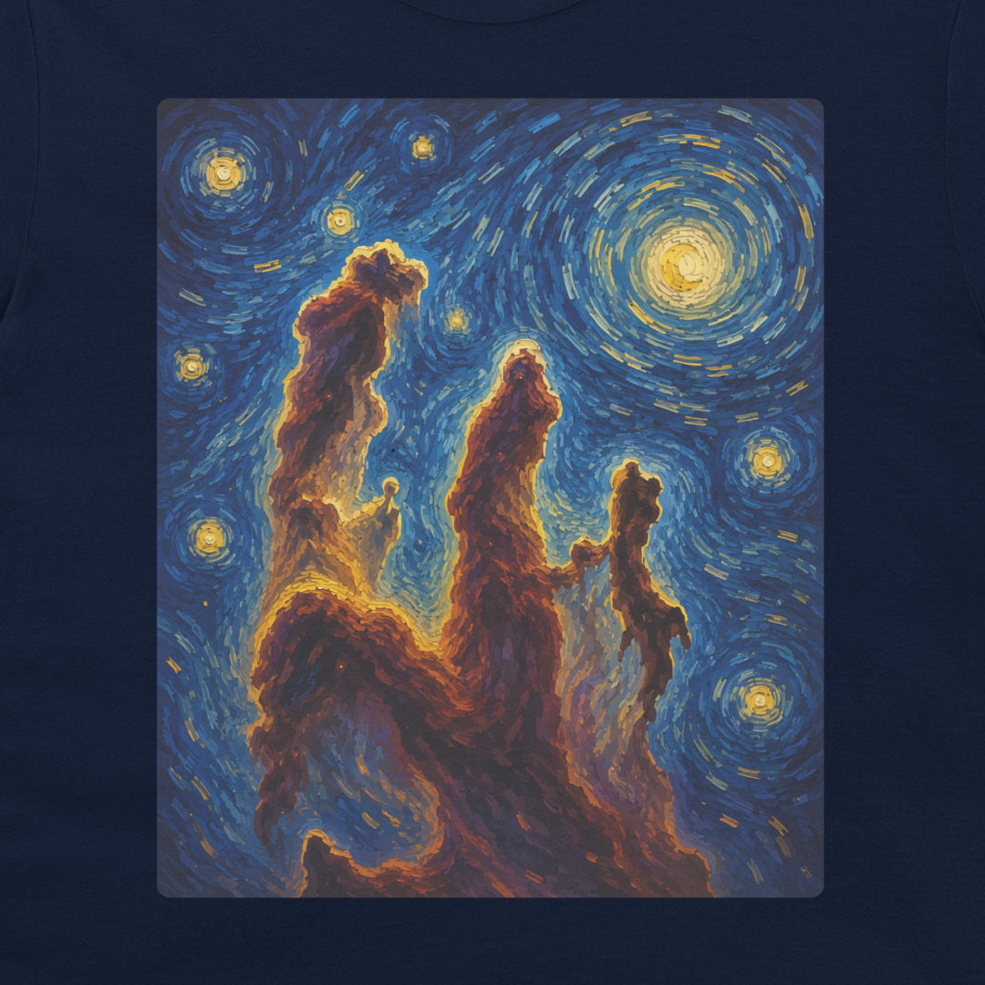 A navy blue t-shirt featuring a large rectangular graphic print of the Pillars of Creation in a swirling, Van Gogh-inspired starry sky style with glowing yellow and orange stars.