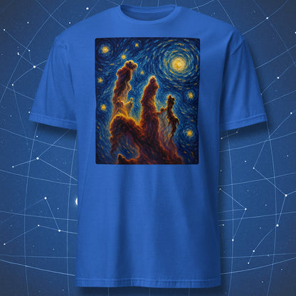 Royal blue t-shirt with painterly Pillars of Creation astronomy artwork and glowing starry sky.