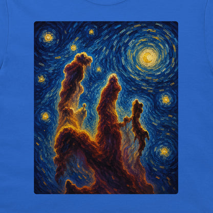 A blue crewneck t-shirt featuring a large square graphic print of a swirling, starry night sky in a Van Gogh-inspired style, with glowing yellow stars and dark red-orange rock formations.