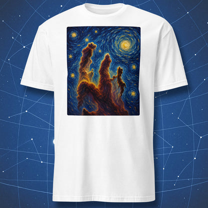 White t-shirt featuring a colorful Pillars of Creation nebula print with swirling cosmic brushstroke style.