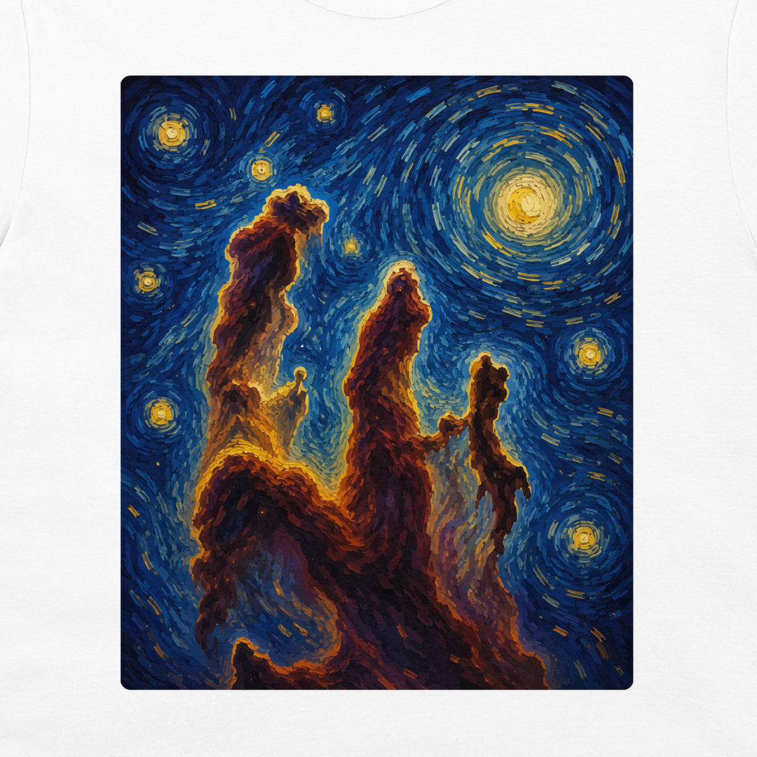 A white crewneck t-shirt featuring a large square graphic print of a cosmic, swirling starry sky in a Van Gogh-inspired style, with glowing yellow stars and dark blue nebula clouds.