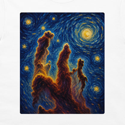 A white crewneck t-shirt featuring a large square graphic print of a cosmic, swirling starry sky in a Van Gogh-inspired style, with glowing yellow stars and dark blue nebula clouds.