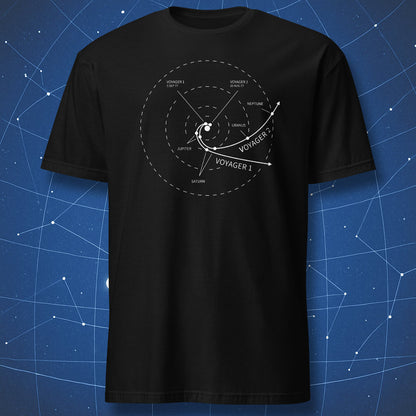 Black t-shirt with Voyager 1 and Voyager 2 travel map design showing planetary orbits and spacecraft trajectories.