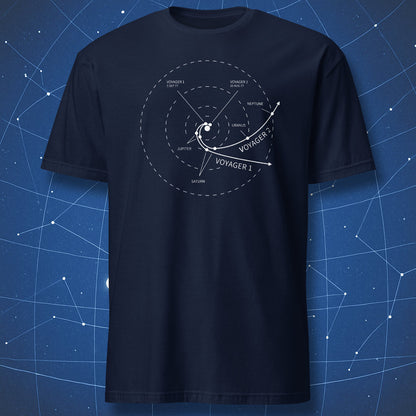 Navy t-shirt with minimalist Voyager mission map showing Voyager 1 and Voyager 2 paths through the outer Solar System.