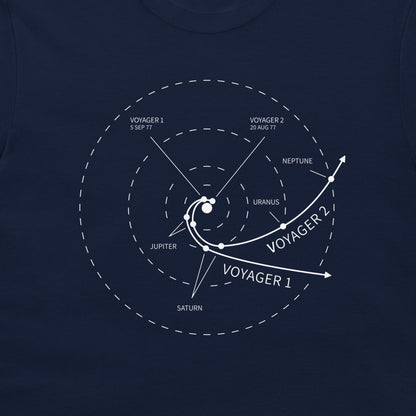 A close-up of a navy blue t-shirt featuring a white printed graphic of Voyager 2's orbit with labeled planets and spacecraft trajectories.