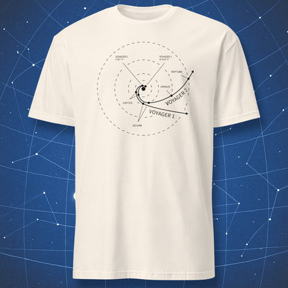 Natural t-shirt with black Voyager 1 and Voyager 2 trajectory diagram featuring Jupiter, Saturn, Uranus, and Neptune.