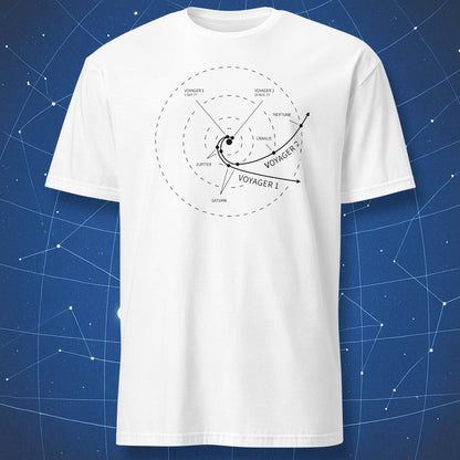 White t-shirt with black Voyager spacecraft travel map showing mission paths and planetary flyby labels.
