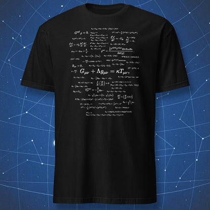 Black t-shirt with general relativity equations and Einstein field equation design
