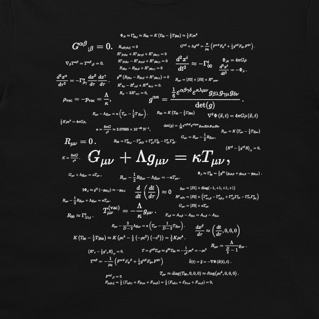 A black t-shirt featuring complex white mathematical equations and physics formulas related to general relativity and cosmology, printed across the front.