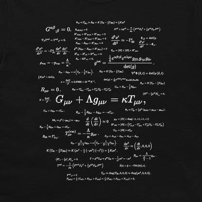 A black t-shirt featuring complex white mathematical equations and physics formulas related to general relativity and cosmology, printed across the front.