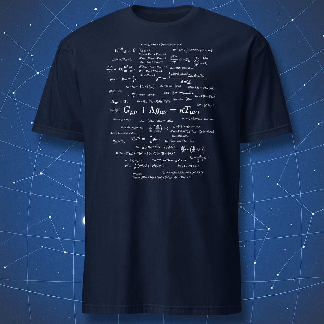 Navy t-shirt with general relativity equations and physics formula artwork