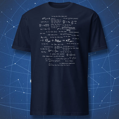 Navy t-shirt with general relativity equations and physics formula artwork